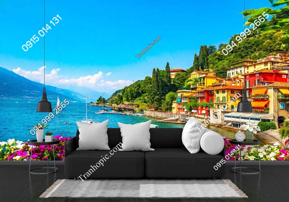 Tranh tường thành phố ven biển dán sau sofa 63168