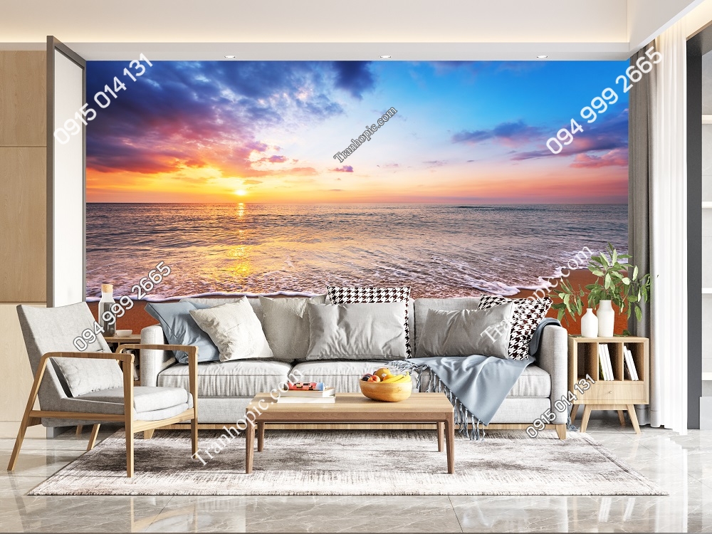 Tranh dán tường bình minh trên biển nền bãi cát và trời xanh 692831704