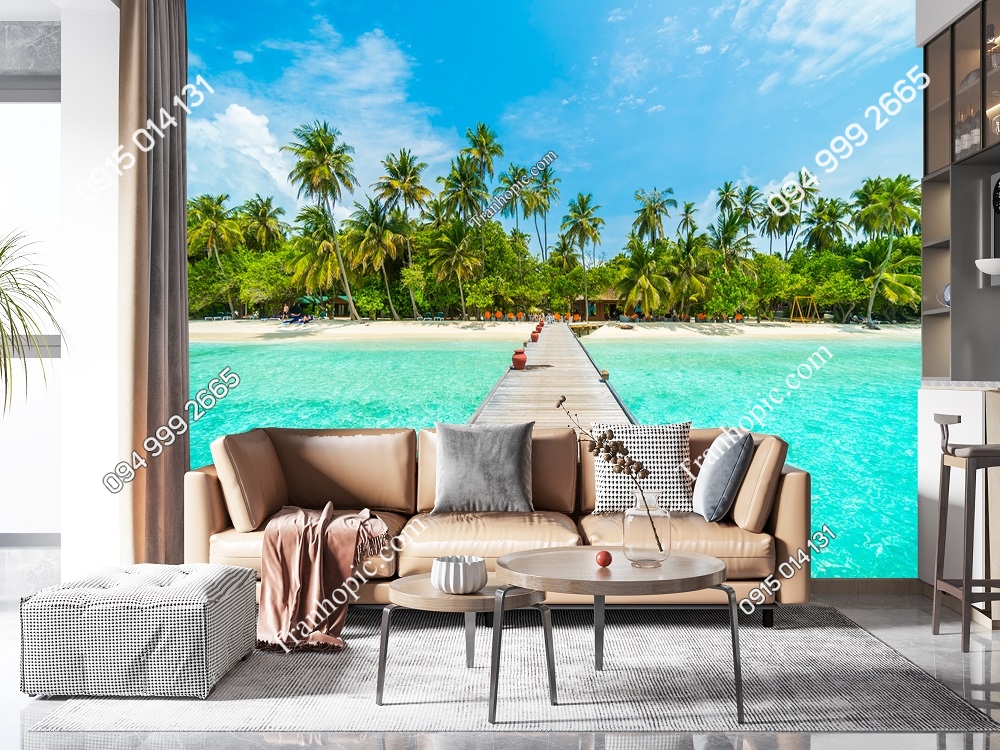 Tranh dán tường cây cầu trên bờ biển Maldives 444622738