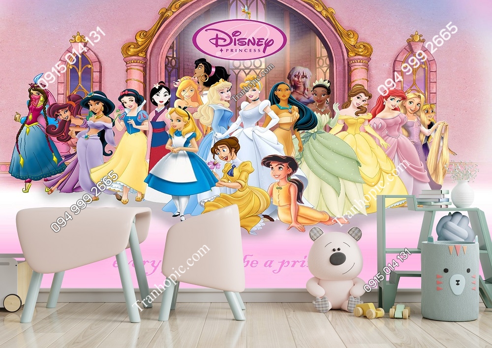 Tranh dán tường công chúa disney và lâu đài hồng 473916