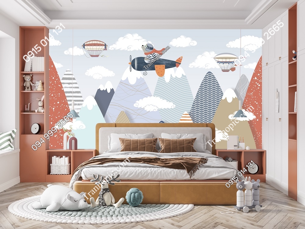 Tranh dán tường mây núi lượn sóng và máy bay 3112049365