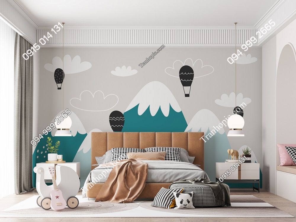 Tranh núi xanh khinh khí cầu dán tường phòng bé 3086064567