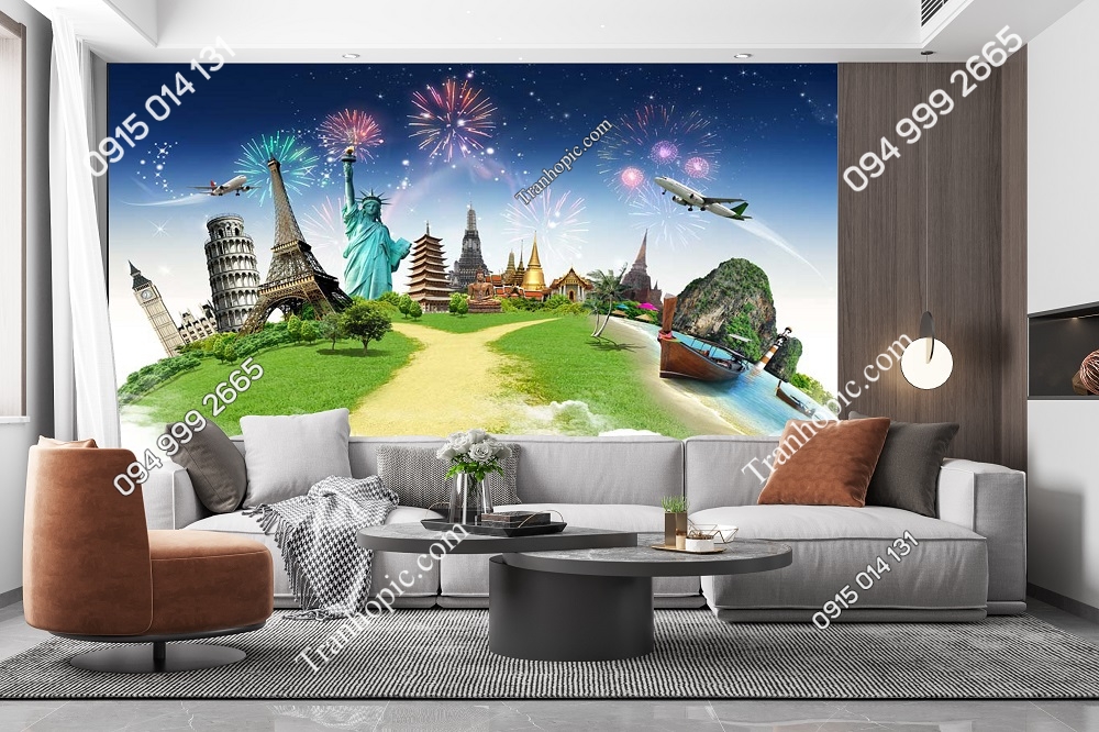 Tranh dán tường 3D bản đồ biểu tượng thế giới