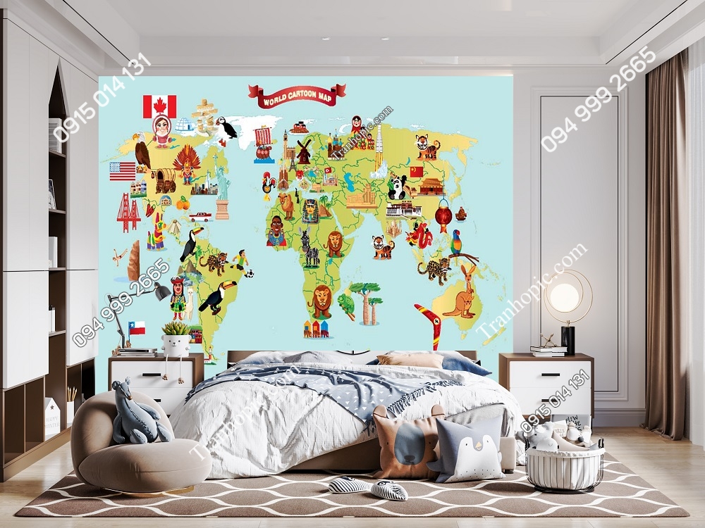 Tranh dán tường 3D bản đồ thế giới cho bé