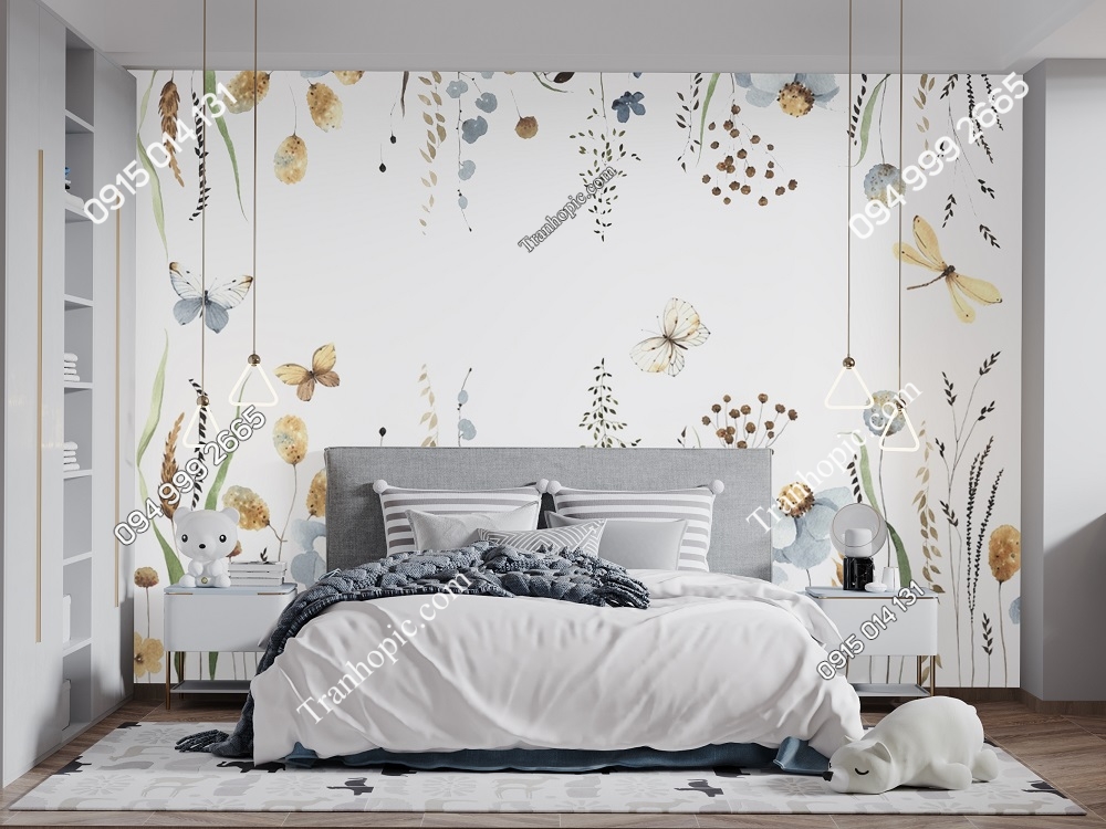 Tranh dán tường cánh đồng hoa mùa hè với bướm và chuồn chuồn 3164584596
