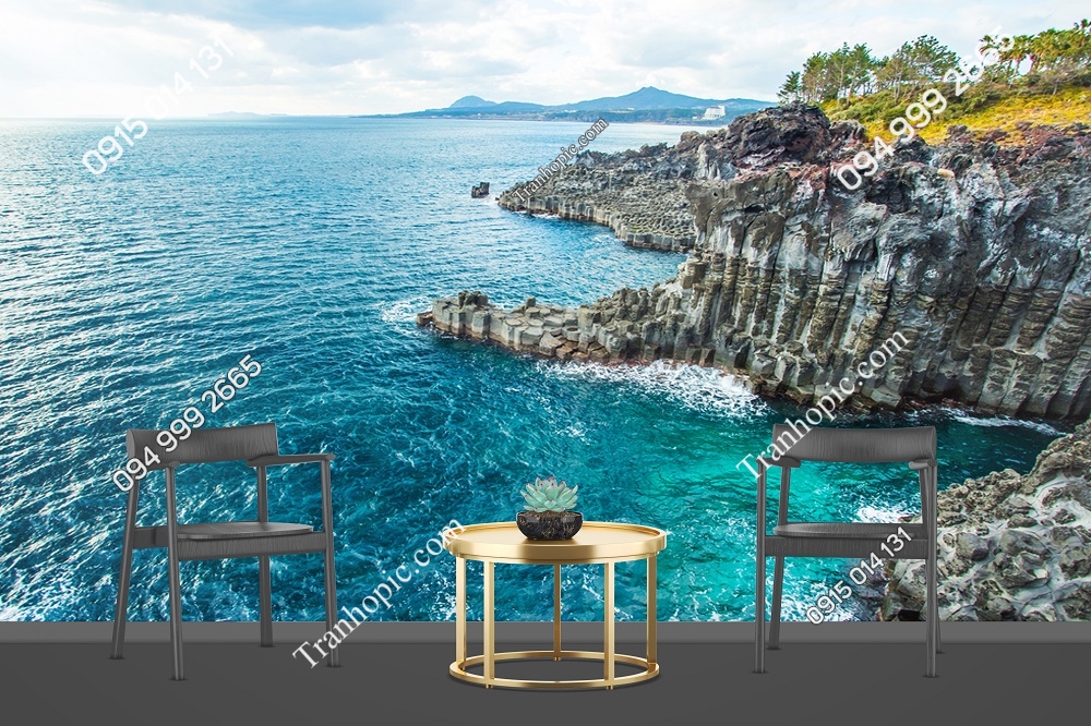 Tranh dán tường cột đá Jungmun Daepo và nước biển xanh ở đảo Jeju, Hàn Quốc 524667819