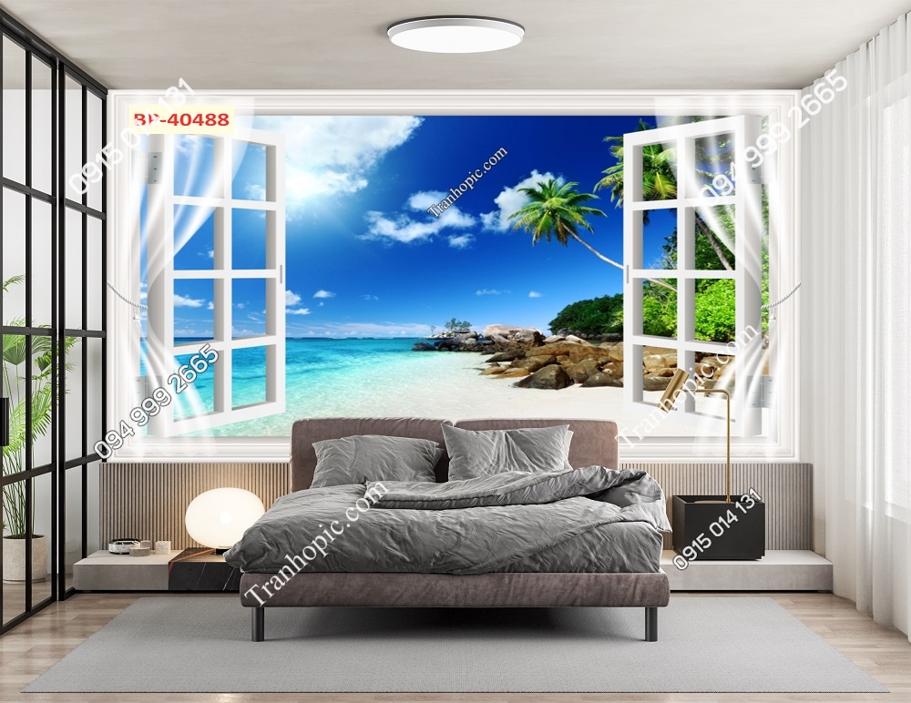 Tranh dán tường cửa sổ 3d biển 40488