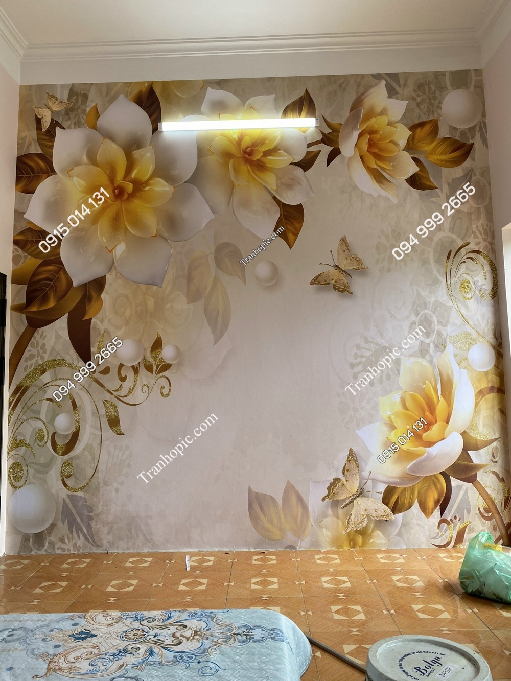 Tranh dán tường hoa 3D giả ngọc