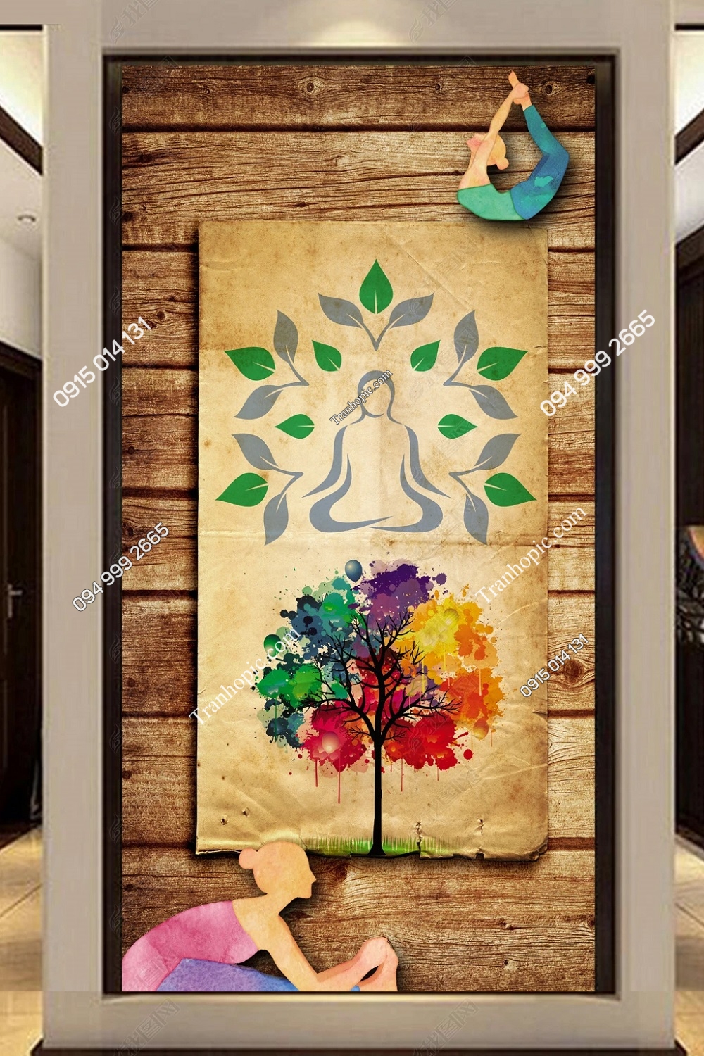 Tranh dán tường lối vào phòng tập yoga nền gỗ hoài cổ OP_27706494