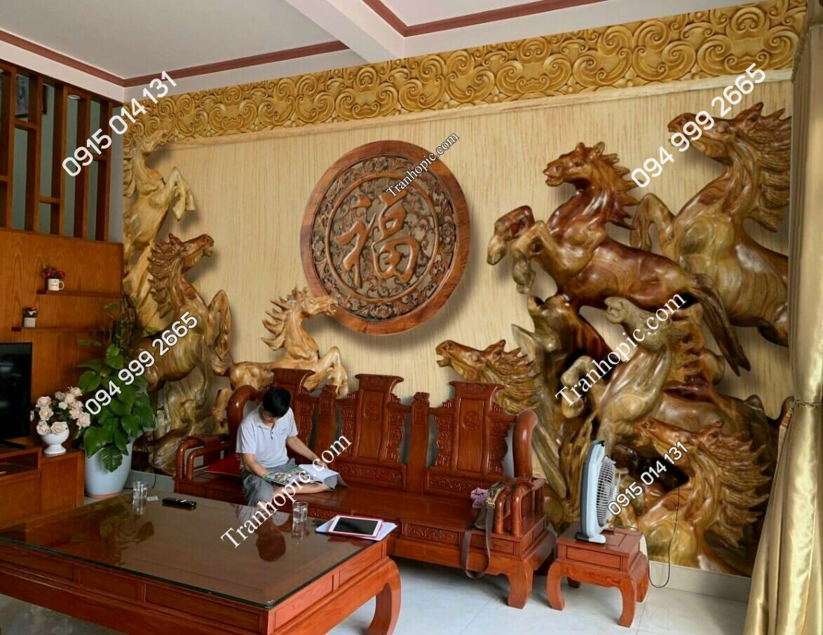 Tranh dán tường mã đáo giả điêu khắc gỗ 5D