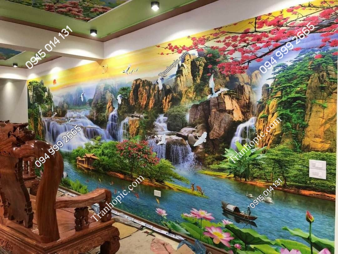 Tranh dán tường sơn thủy phòng khách