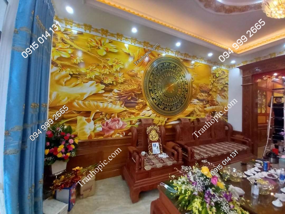 Tranh dán tường trống đồng màu vàng phòng khách