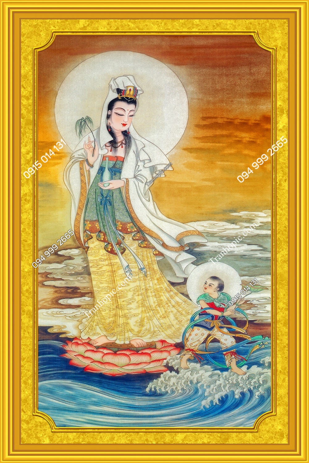 Tranh dán tường Quan Thế Âm Bồ Tát viền vàng BT2