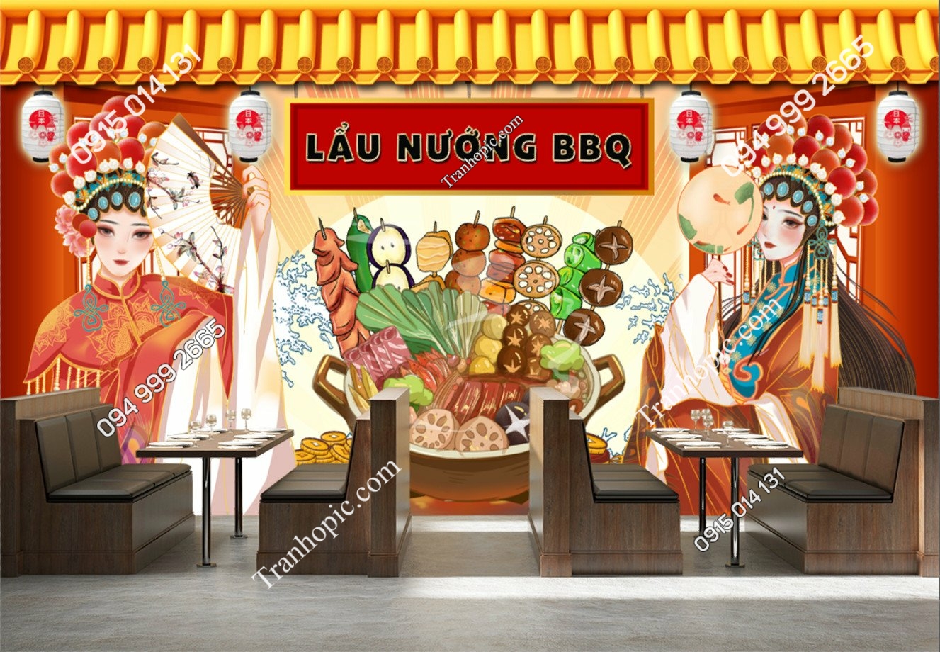 Tranh dán tường lẩu nướng BBQ trung hoa mới