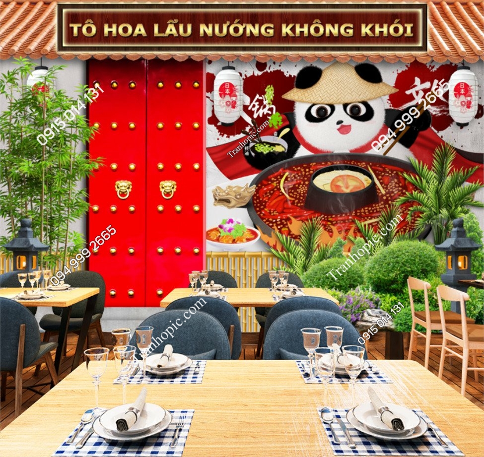 Tranh gấu trúc zuka dán tường quán ăn trung hoa