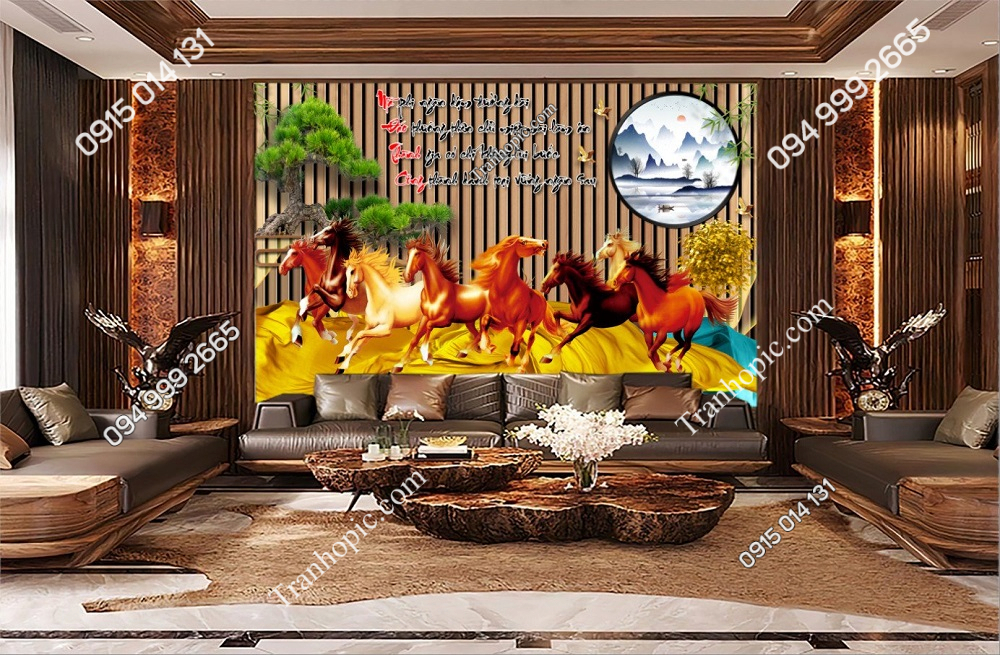 Tranh bát mã lam sóng dán tường phòng khách 3152024