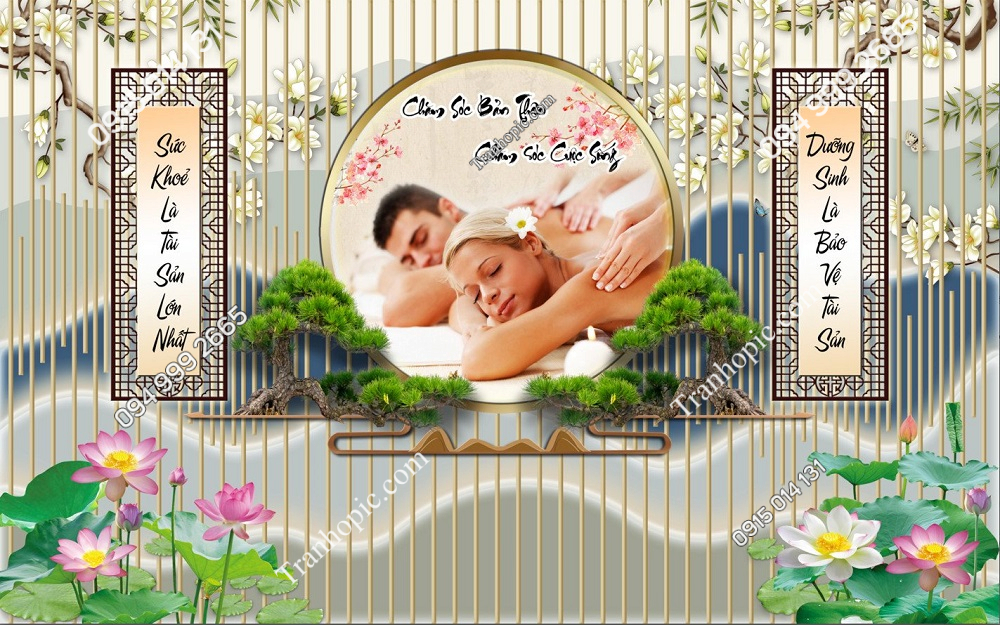 Tranh dán tường lam sóng hoa sen dưỡng sinh spa 2732024 (7)