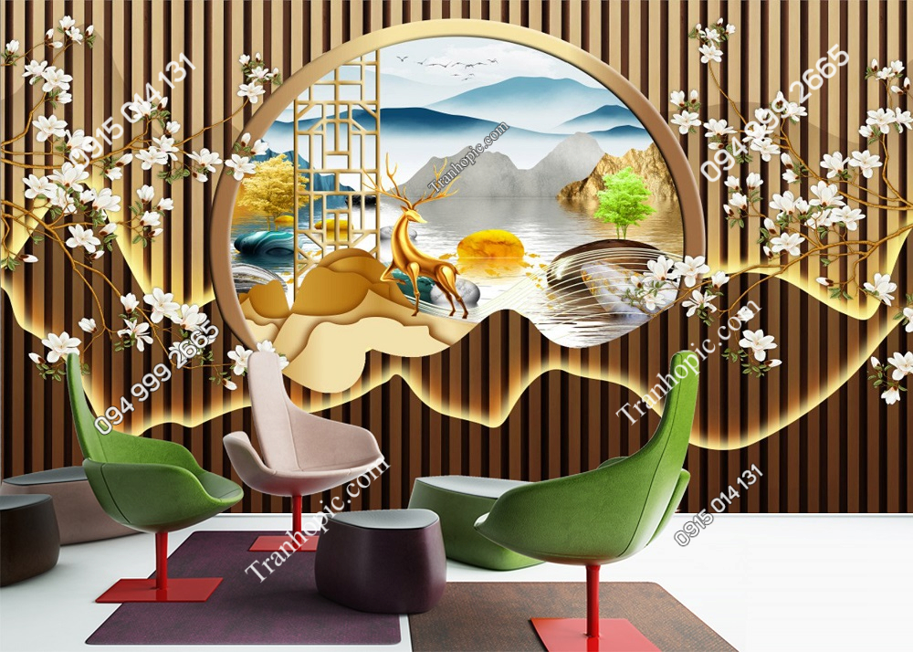 Tranh lam sóng hiện đại hươu và hoa dán tường 3152024