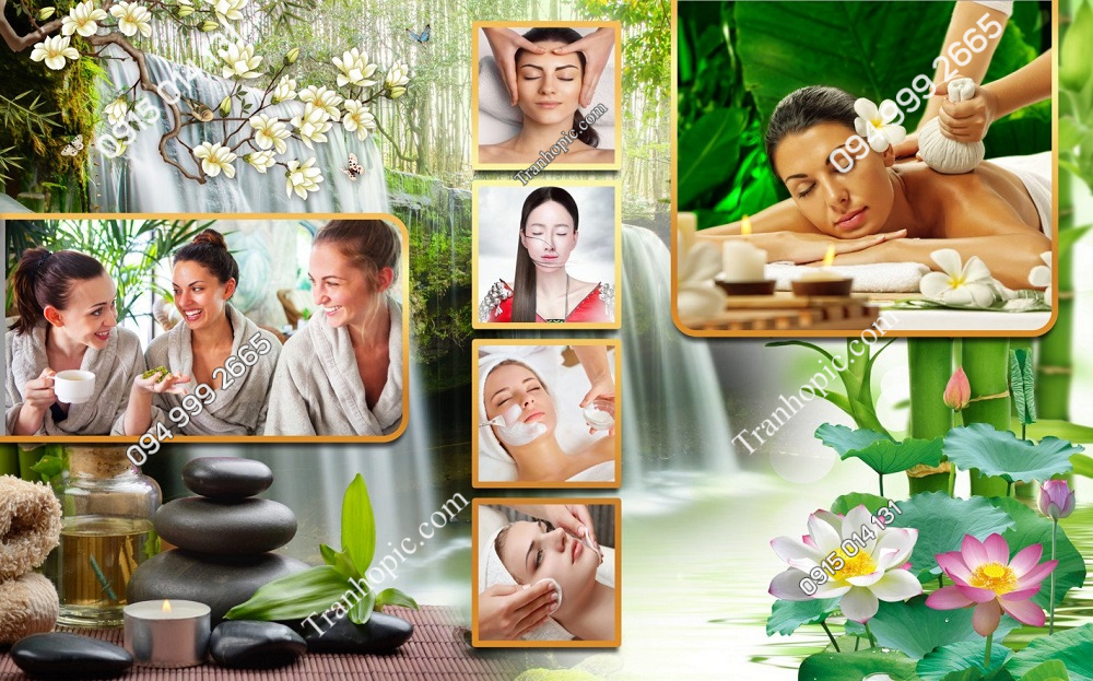 Tranh thác nước hoa sen dán tường spa dưỡng sinh đông y 2732024 (4)