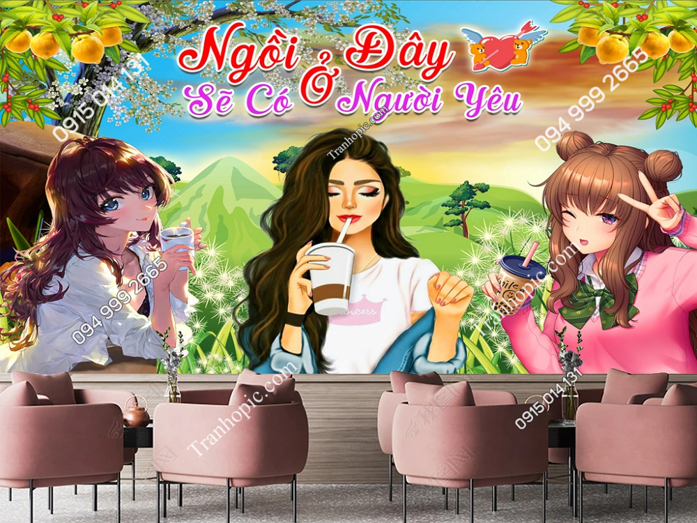 Tranh dán tường quán coffe trà sữa trẻ trung hiện đại GMD2342024 (4)