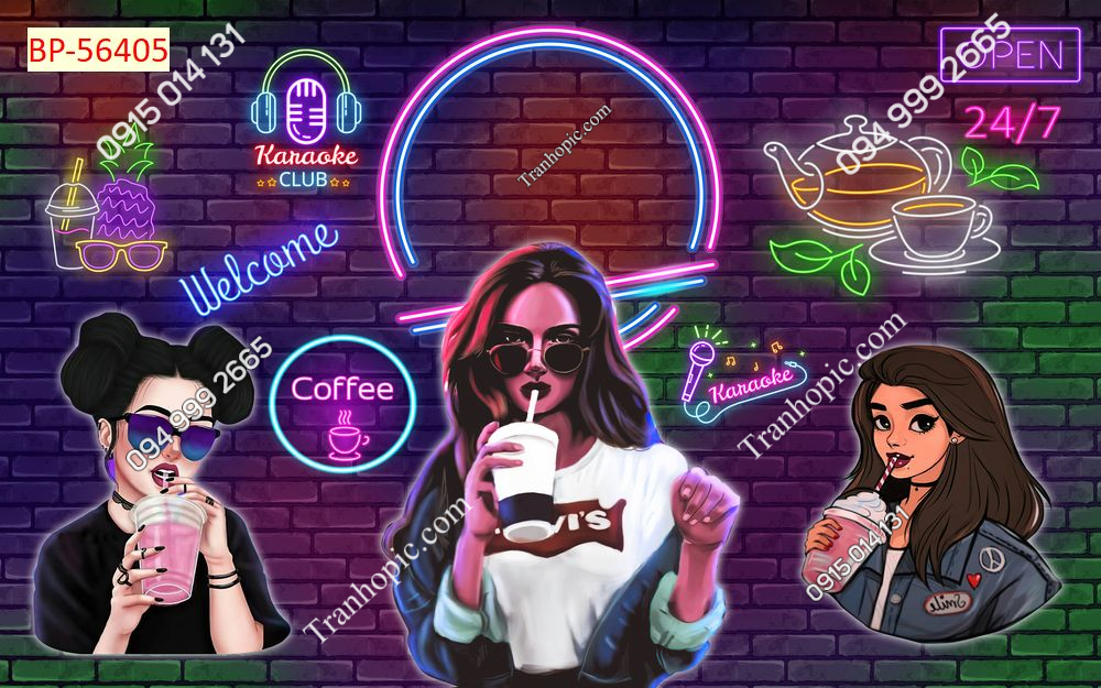 Tranh trà sữa trà tranh dán tường nền gạch neon 56405